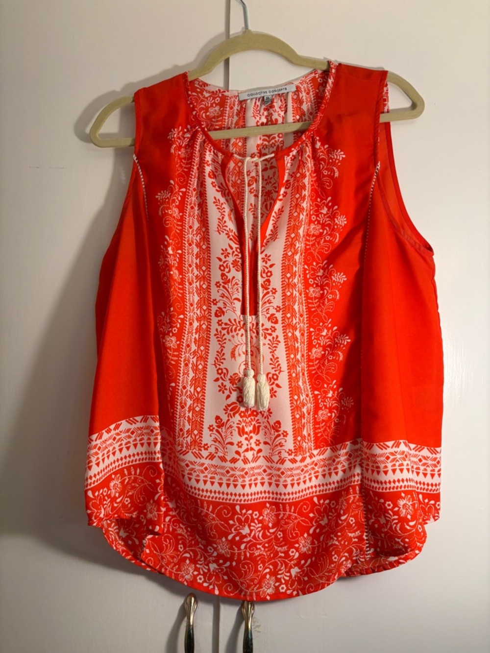 Collective Concepts Orange and White Floral Tie-Front Sleeveless Top